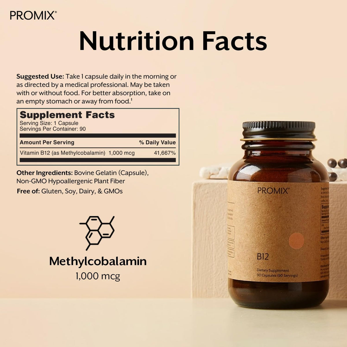 Promix Nutrition Vitamin B12 Supplement - 1000mcg Methylcobalamin - Gut Friendly - 90 Capsules - görsel 2