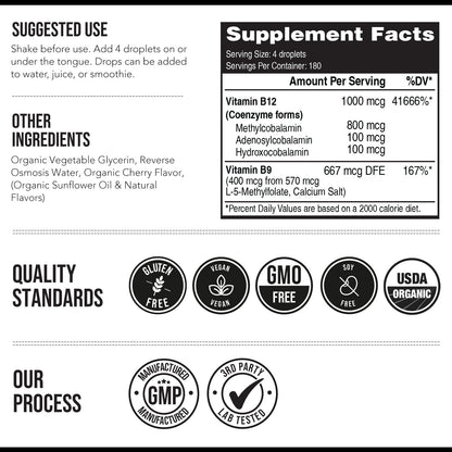 BioActive Vitamin B12 1000 mcg – Triple Form Sublingual with Methylfolate (Cherry, 180 Servings)