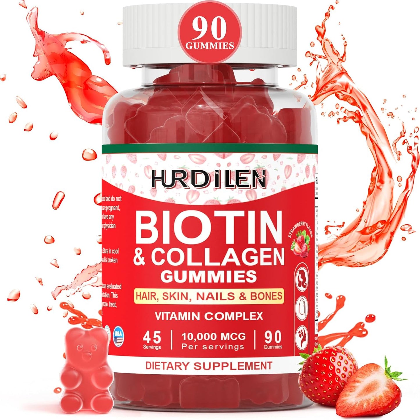 Hurdilen Hair, Skin and Nails Gummies - 10000mcg Biotin & Collagen, 90 Gummies for Women and Men - görsel 1