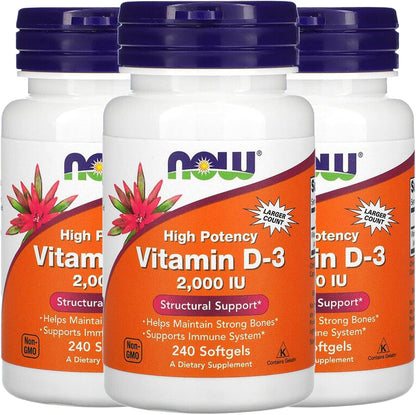 NOW Foods Vitamin D-3 50 mcg (2,000 IU) 240 Softgels (3 Pack)