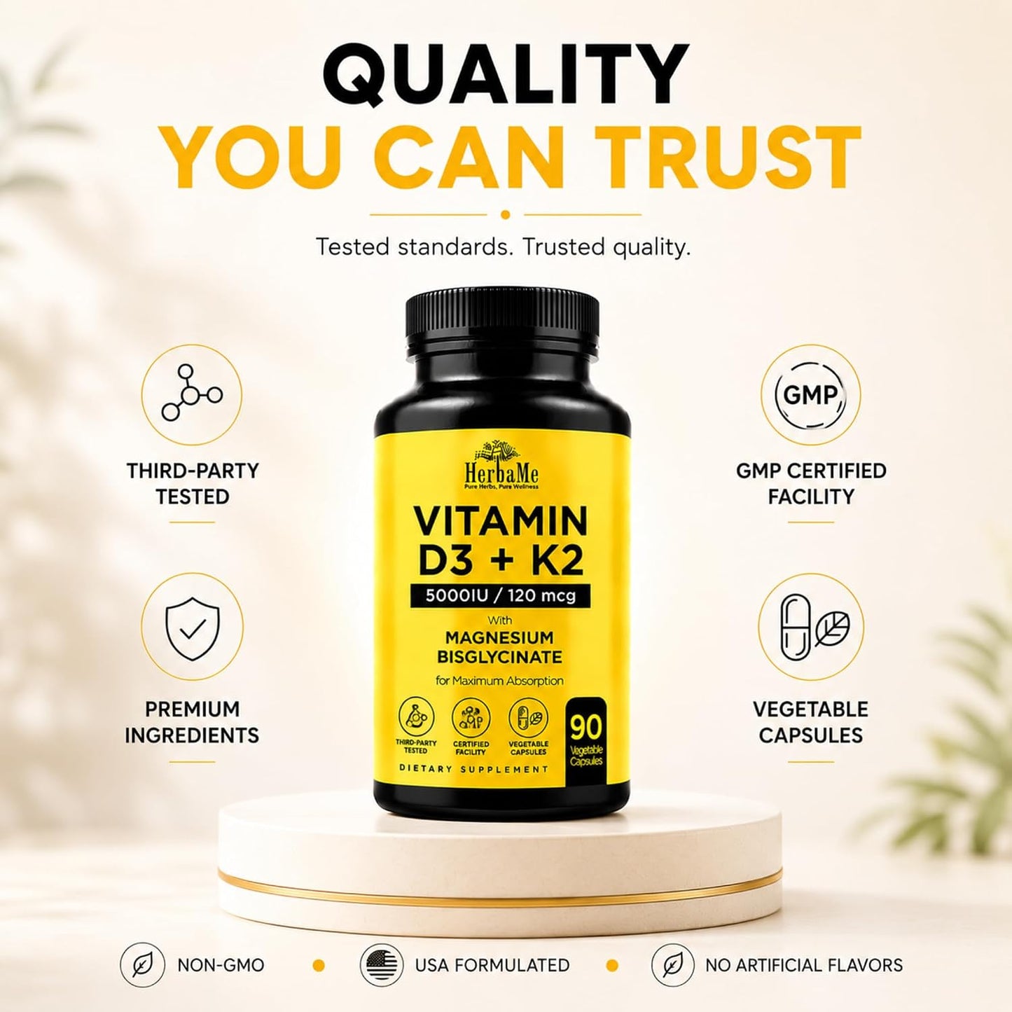 HerbaMe Vitamin D3 5000 IU + K2 with Magnesium Bisglycinate - Bone, Muscle & Immune Support - 90 Capsules - görsel 9