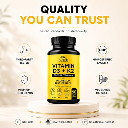 HerbaMe Vitamin D3 5000 IU + K2 with Magnesium Bisglycinate - Bone, Muscle & Immune Support - 90 Capsules