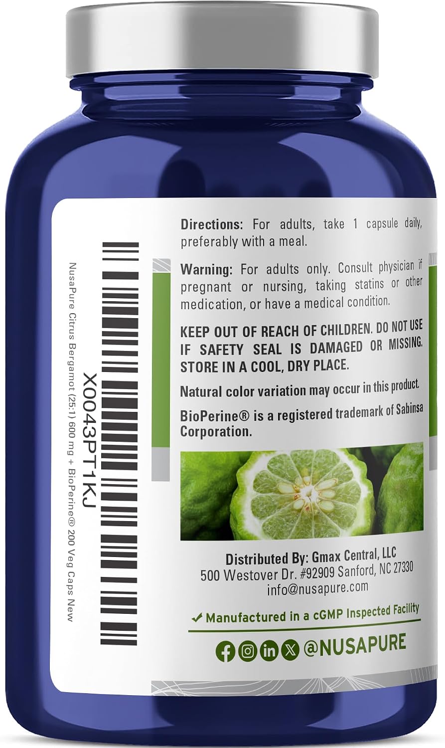 NusaPure Citrus Bergamot Capsules, 600 mg, 200 Veg Capsules (Non-GMO, Vegan) - görsel 3