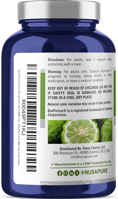 NusaPure Citrus Bergamot Capsules, 600 mg, 200 Veg Capsules (Non-GMO, Vegan)