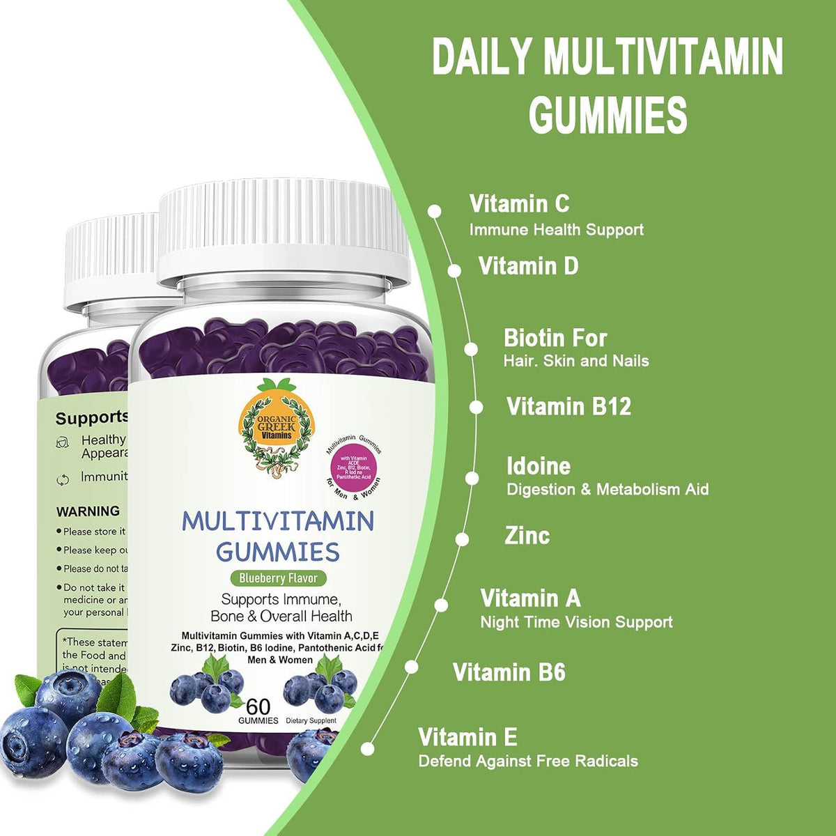 Organic Greek Multivitamin Gummies with Vitamin A, C, D, E, Zinc, B12, Biotin, B6, Iodine, Pantothenic Acid – 13 Vitamins and Minerals, Blueberry Flavour - görsel 4