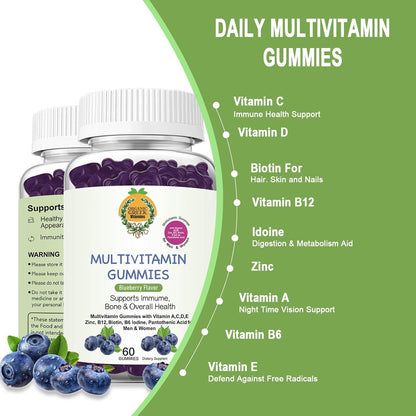 Organic Greek Multivitamin Gummies with Vitamin A, C, D, E, Zinc, B12, Biotin, B6, Iodine, Pantothenic Acid – 13 Vitamins and Minerals, Blueberry Flavour