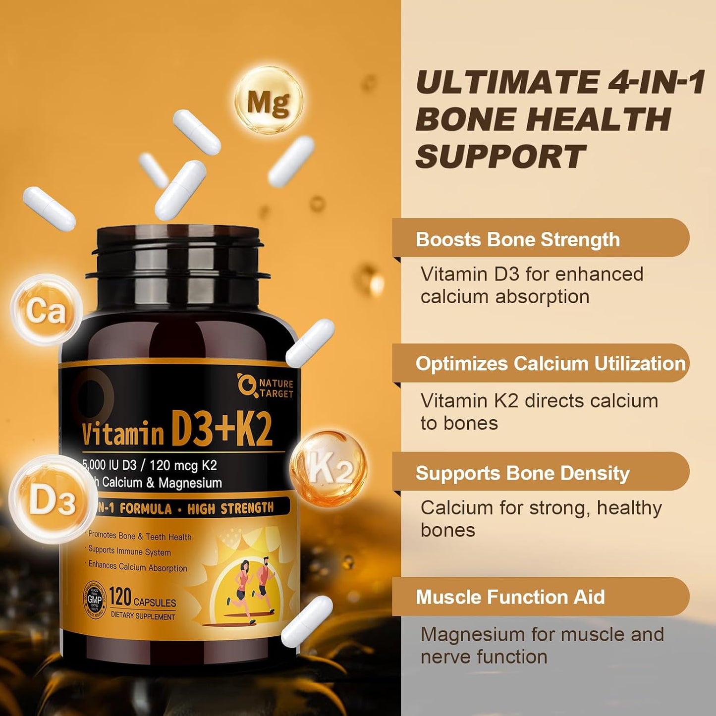 NATURE TARGET Vitamin D3 K2 with Calcium & Magnesium - Maximum Strength 4-in-1, 120 Capsules - görsel 4