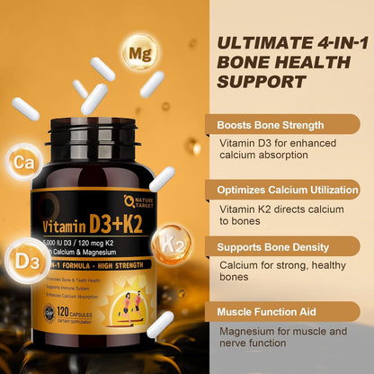 NATURE TARGET Vitamin D3 K2 with Calcium & Magnesium - Maximum Strength 4-in-1, 120 Capsules