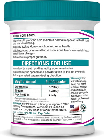 Vetbiome Plus High-Strength Probiotics for Pets - 120 Billion CFU, 9 Strain Formula - 120 Capsules (3 Pack)