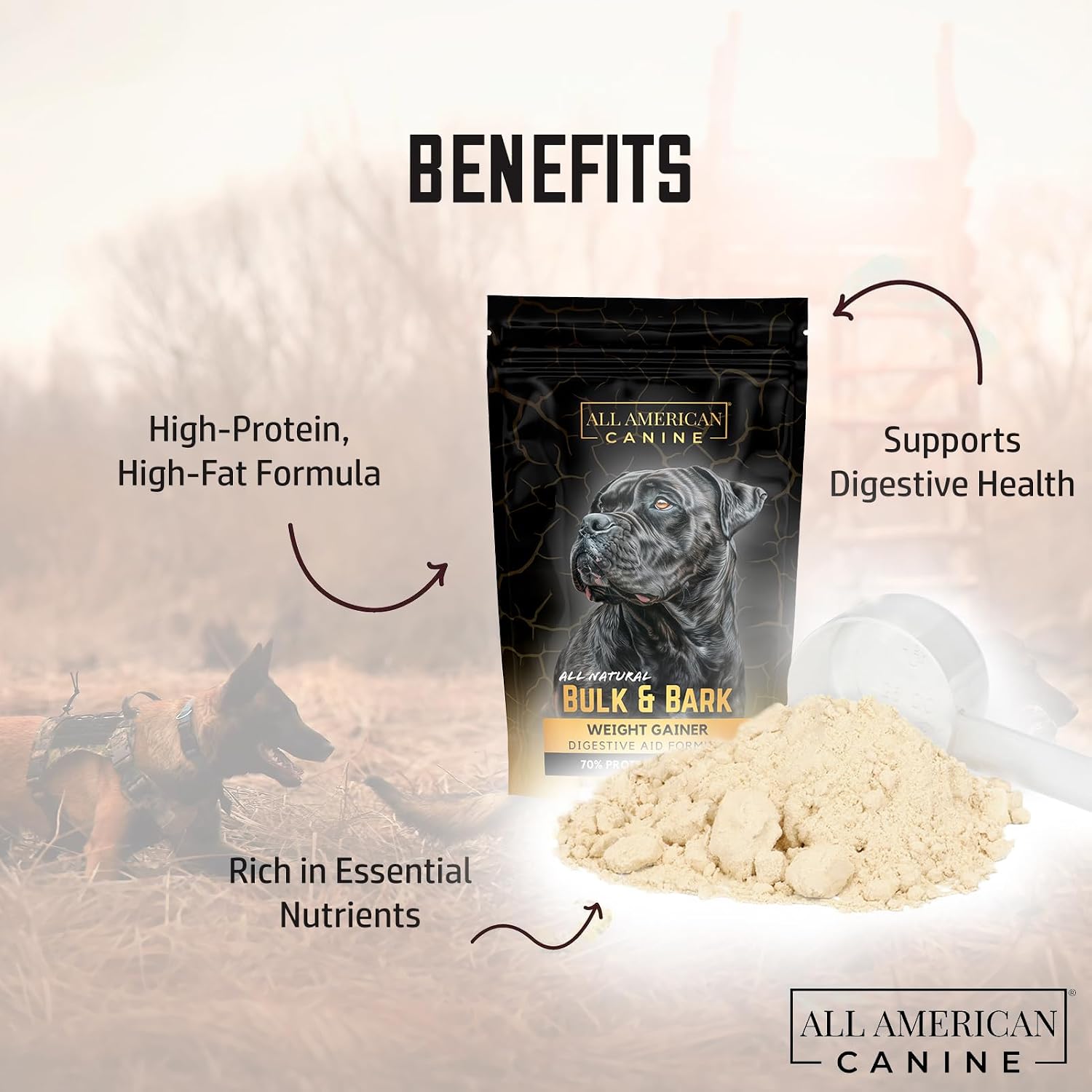 All American Canine Dog Weight Gainer + Digestive Aid Formula, Natural Health Supplement Food Topper, Weight Gain Supplements for Dogs, & Dog Muscle Builder - 60 Servings - görsel 3