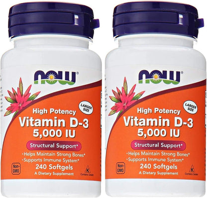 NOW Foods Vitamin D3 5,000 IU, 240 Softgels (Pack of 2)