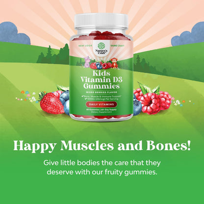 Chewable Vitamin D Gummies for Children - Delicious Vitamin D 1000 IU Per Serving - Toddler Immune Support Gummies - Berry Flavoured Supplement for Bone Health & Muscles - Gelatine Free - 60 Gummies