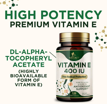 Vitamin E 180mg Per Serving – dl-Alpha Tocopherol Antioxidant Supplement, Non-GMO & Gluten-free – 120 Soft gel capsules