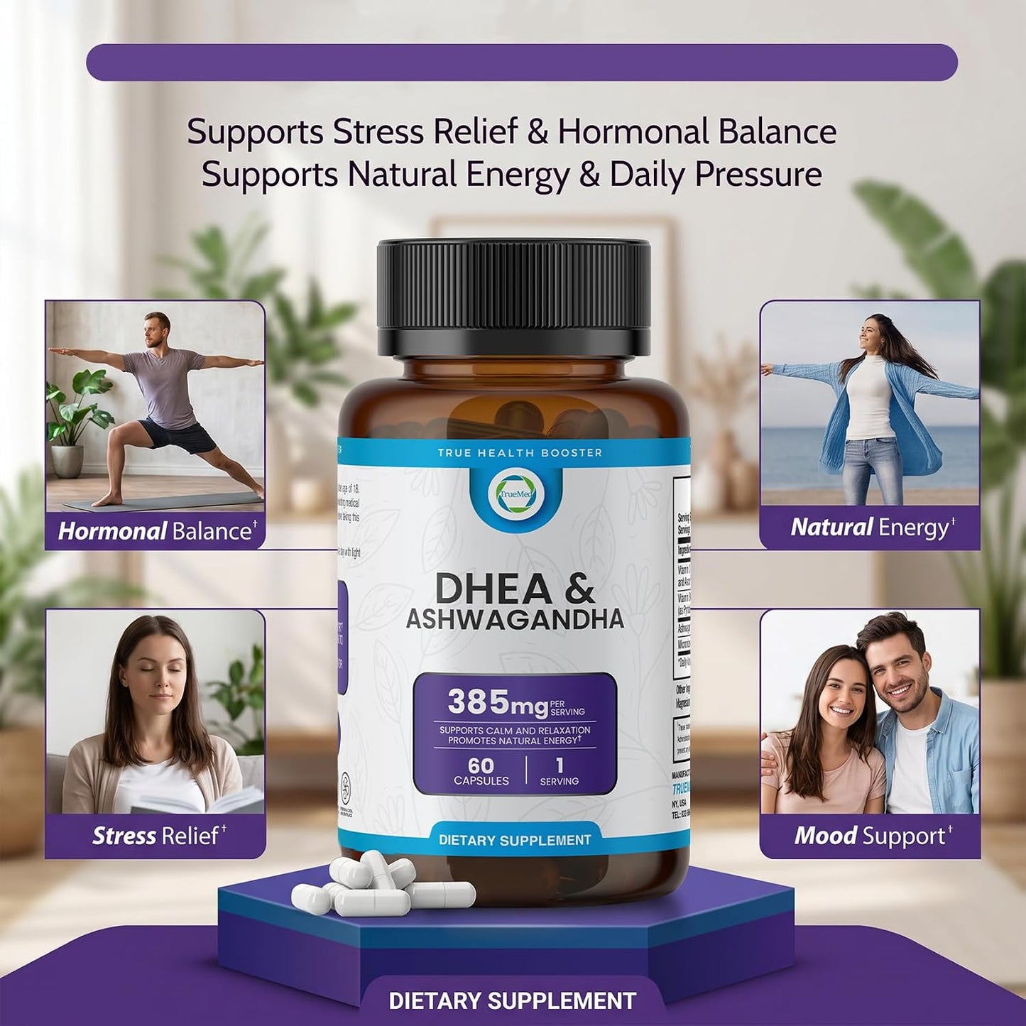 TRUEMED DHEA & Ashwagandha Supplement – 385mg Blend with Ashwagandha 250mg, DHEA 10mg, Vitamin C & B6 – 60 Vegan Capsules - görsel 7