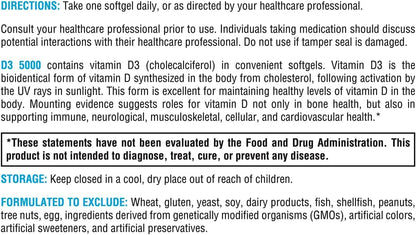XYMOGEN D3 5000 - Bioavailable Vitamin D3 5000 IU (125 mcg) - High Strength Vitamin D Supplement for Immune and Bone Health Support - 180 Softgels