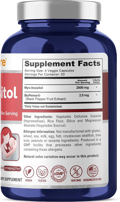 NusaPure Myo-Inositol - 2800mg per Serving, 200 Capsules (Vegetarian, Non-GM)