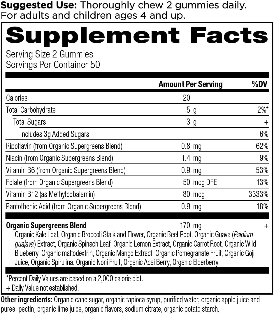 Ancient Nutrition Supergreens Gummy, Organic Superfood Gummy Made from Real Fruits, Vegetables and Herbs, for Digestive and Energy Support, 100 Count, Strawberry Watermelon - görsel 2