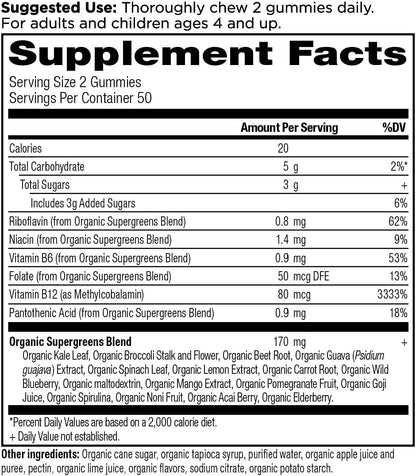 Ancient Nutrition Supergreens Gummy, Organic Superfood Gummy Made from Real Fruits, Vegetables and Herbs, for Digestive and Energy Support, 100 Count, Strawberry Watermelon