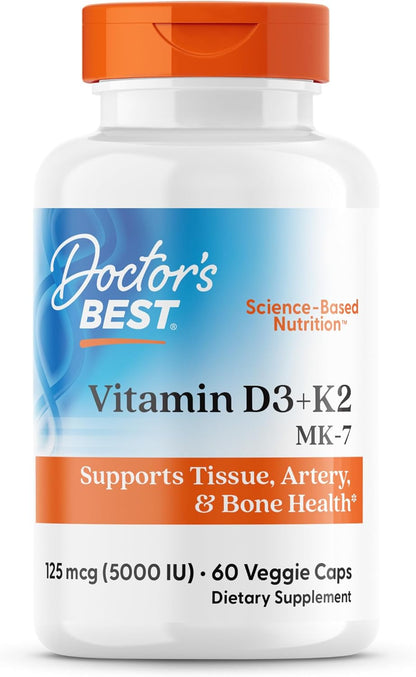 Doctor's Best Vitamin D3 and K2 Supplement for Men & Women - Vitamin D3 5000 IU + K2 as MK-7, Bone Health Support, Gluten-free, Non GMO, Vegetarian Capsules - 60 Veg Caps