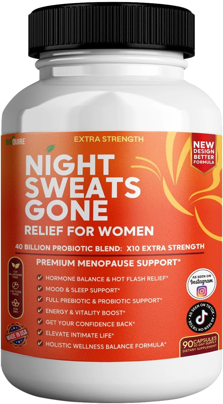 BIOQUIRE Night Sweats Gone - Menopause Relief for Women - 40 Billion Probiotic Blend - 90 Capsules - görsel 1