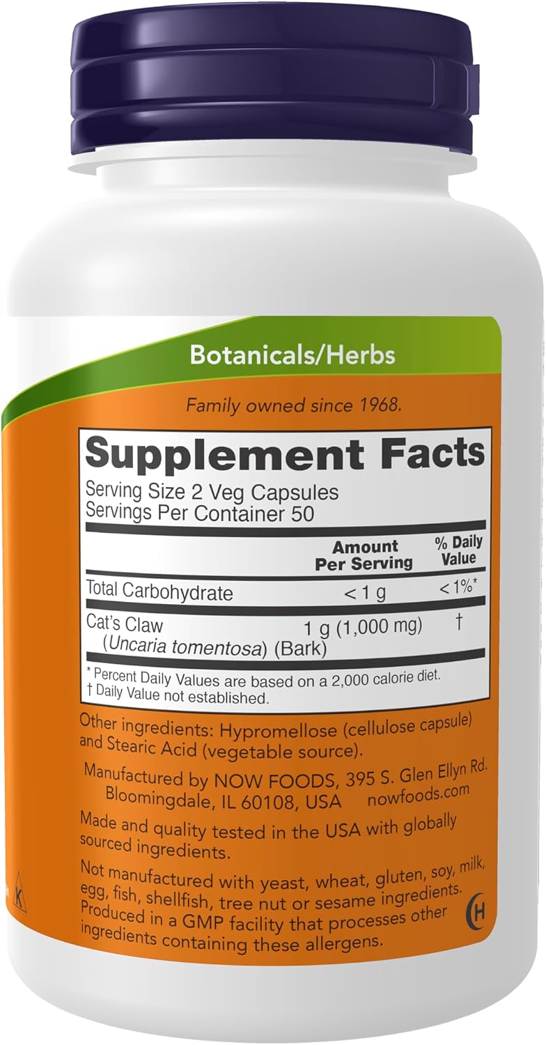 NOW Foods Cat's Claw 500 mg, Non-GMO, Herbal Supplement, 100 Veg Capsules - görsel 2