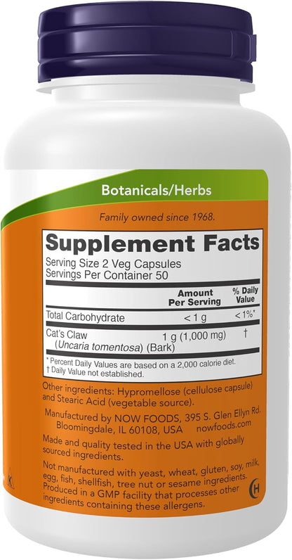 NOW Foods Cat's Claw 500 mg, Non-GMO, Herbal Supplement, 100 Veg Capsules