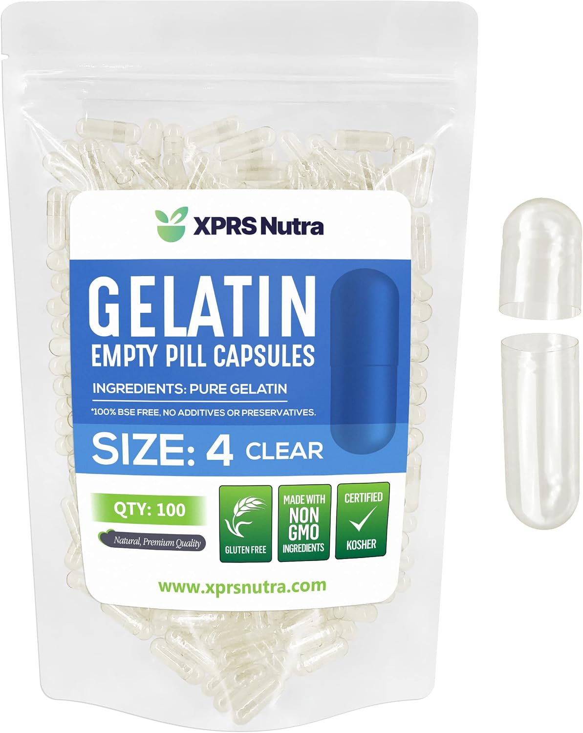 XPRS Nutra Size 4 Empty Gelatine Capsules – 100 Count Small Clear Capsules for DIY Supplement Filling - görsel 1