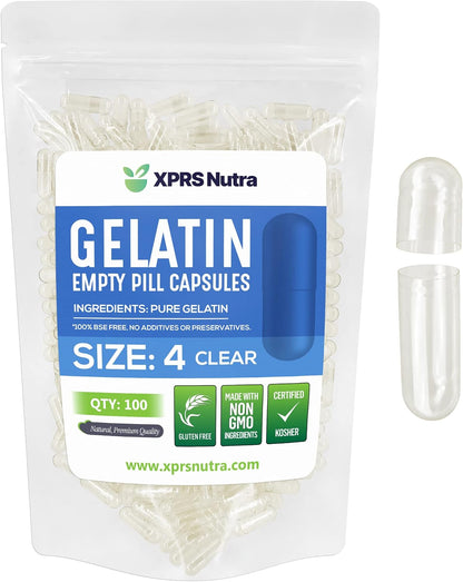 XPRS Nutra Size 4 Empty Gelatine Capsules – 100 Count Small Clear Capsules for DIY Supplement Filling