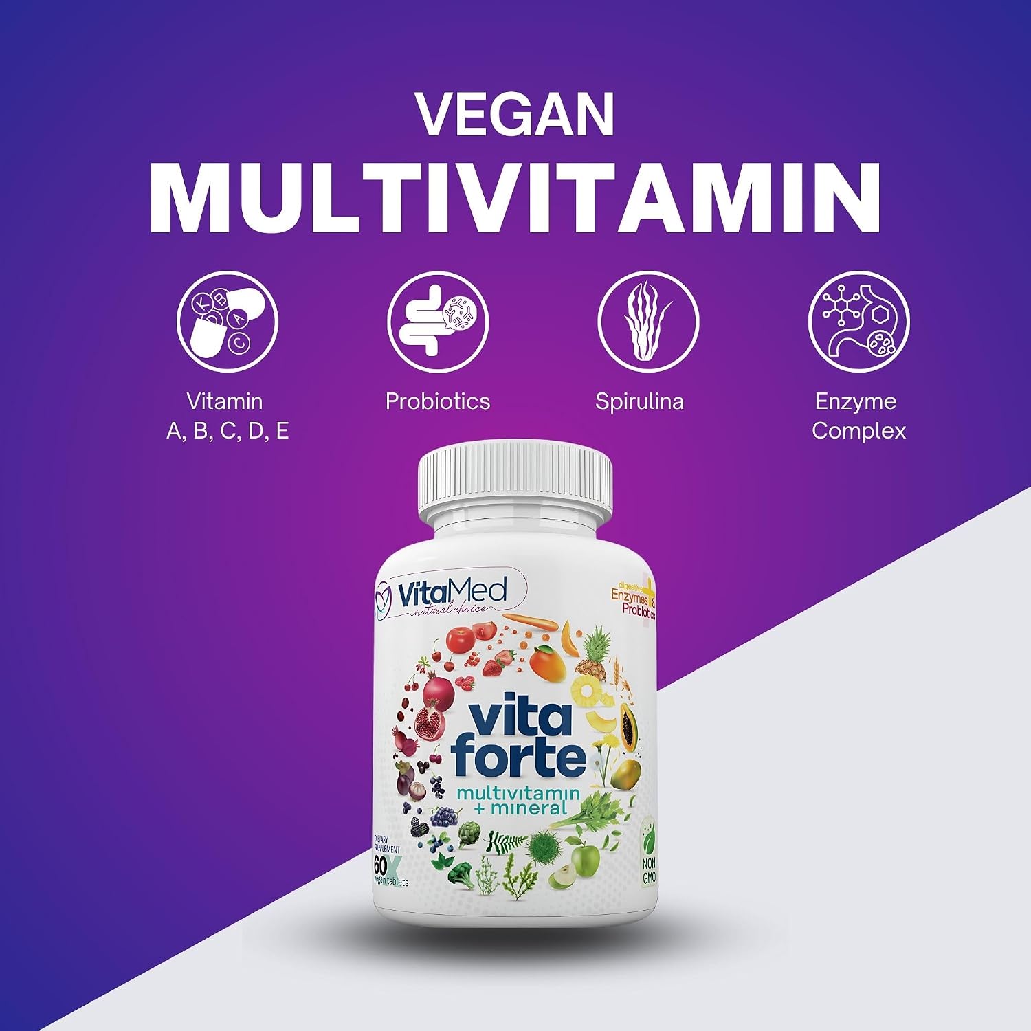Vita Forte Vegan Multivitamin with Probiotics, Digestive Enzymes & 42 Fruits & Vegetables – Halal Certified, Non-GMO, Gluten-Free, 60 Vegan Tablets - görsel 2