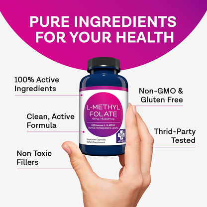 MD Life L-Methylfolate 15 mg Supplement - Professional-Grade Active Folate Supplement - 90 Capsules - 15 mg L-Methylfolate - Maximum Potency for MTHFR Support with Essential Amino Acids