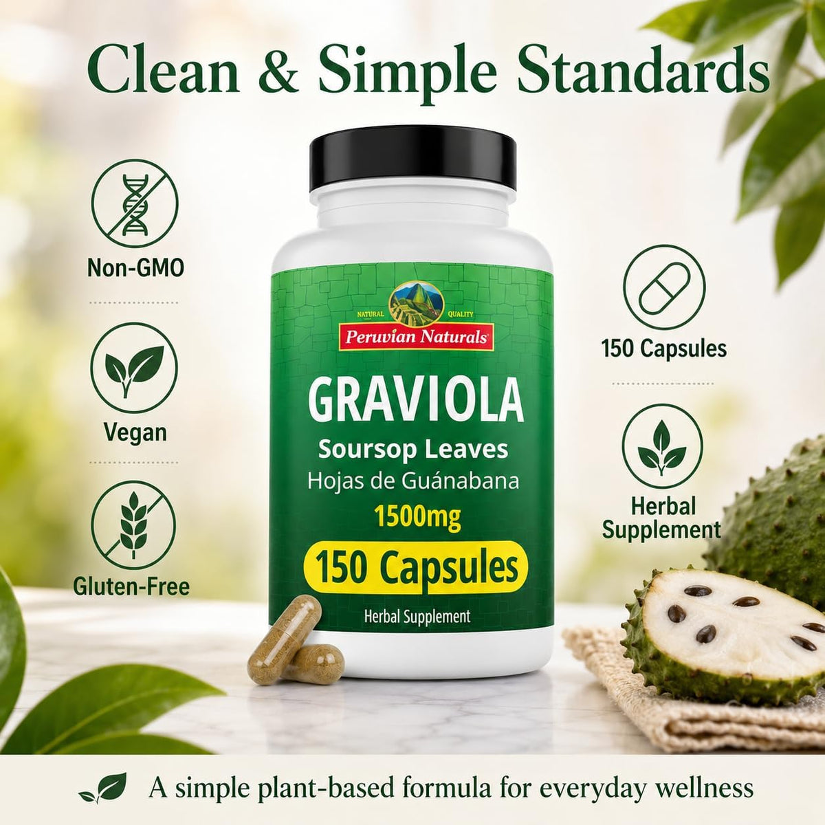 Peruvian Naturals Graviola Soursop Capsules – 1500 mg Premium Soursop Extract, 150 Count - görsel 4