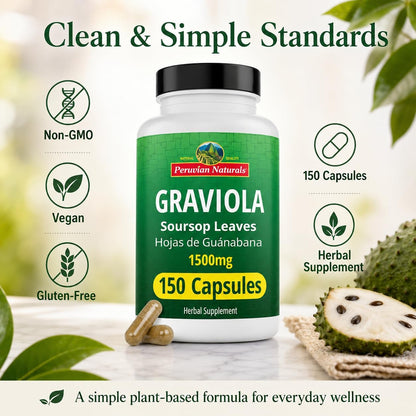 Peruvian Naturals Graviola Soursop Capsules – 1500 mg Premium Soursop Extract, 150 Count