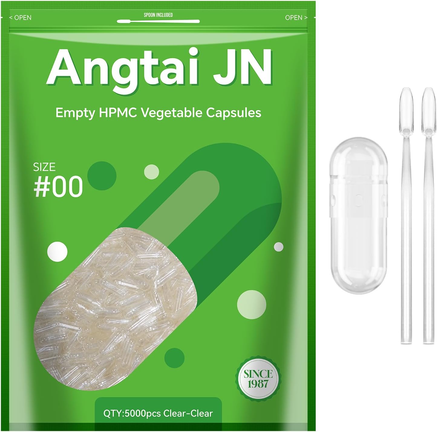 Angtai JN Vegan Capsules Size 00 Empty Plant-Based (5,000 Count) - Gluten-Free, Non-GMO, Halal Certified with Filling Spoons - görsel 1