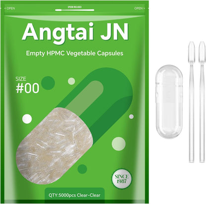 Angtai JN Vegan Capsules Size 00 Empty Plant-Based (5,000 Count) - Gluten-Free, Non-GMO, Halal Certified with Filling Spoons