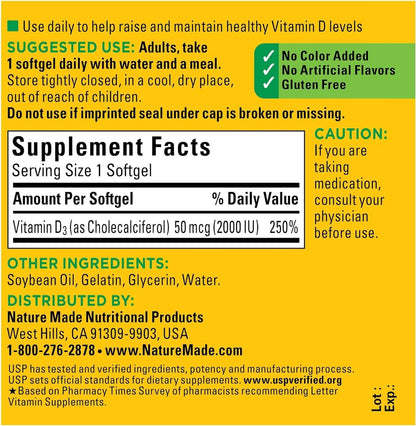 Nature Made Vitamin D3 2000 IU (50 µg) Liquid Softgels, 2-Pack (180 Softgels)
