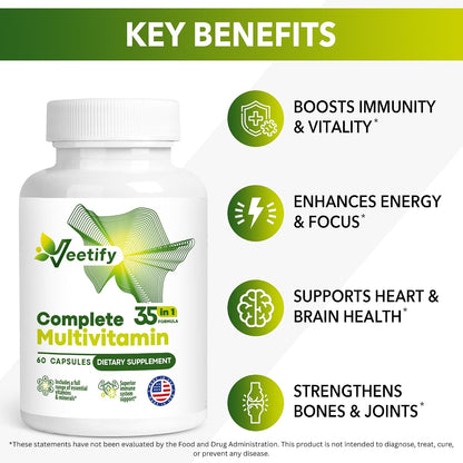 Complete Multivitamin 35-in-1 – High-strength Daily Vitamins & Minerals with Antioxidants (A, B-Complex, C, D, E), Magnesium, Zinc & Green Tea Complex for Women & Men – 60 Vegan Capsules