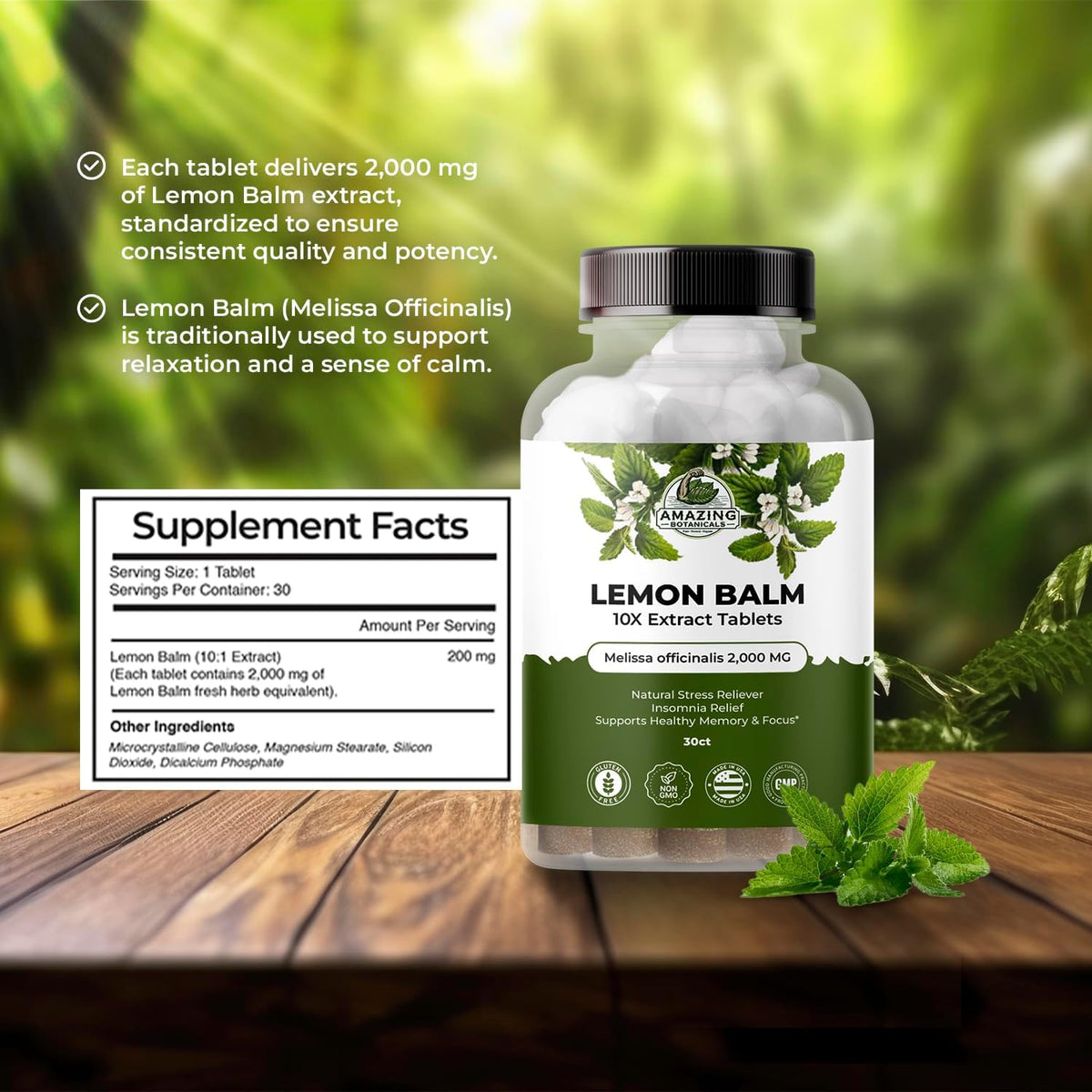 Amazing Botanicals Lemon Balm 10X Extract Tablets – 200 mg per Serving, 30 Tablets - görsel 4