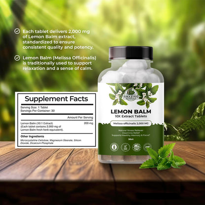 Amazing Botanicals Lemon Balm 10X Extract Tablets – 200 mg per Serving, 30 Tablets