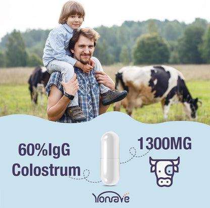 Yonrave Bovine Colostrum Capsules 1300mg - Extra High 60% IgG - Immune, Gut, Bone & Exercise Support - 60 Capsules