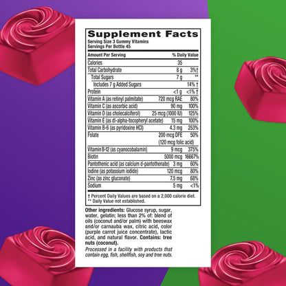 Vitafusion Gorgeous Hair, Skin & Nails Multivitamin Gummy Vitamins with Biotin and Vitamins C & E, Raspberry Flavour, 135 Count