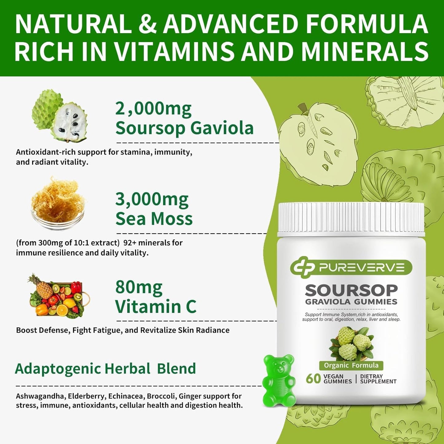 Soursop Graviola Gummies, Pureverve Max Strength with Sea Moss & Zinc – 120 Count (Pack of 2) - görsel 2