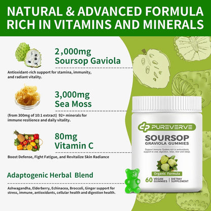 Soursop Graviola Gummies, Pureverve Max Strength with Sea Moss & Zinc – 120 Count (Pack of 2)