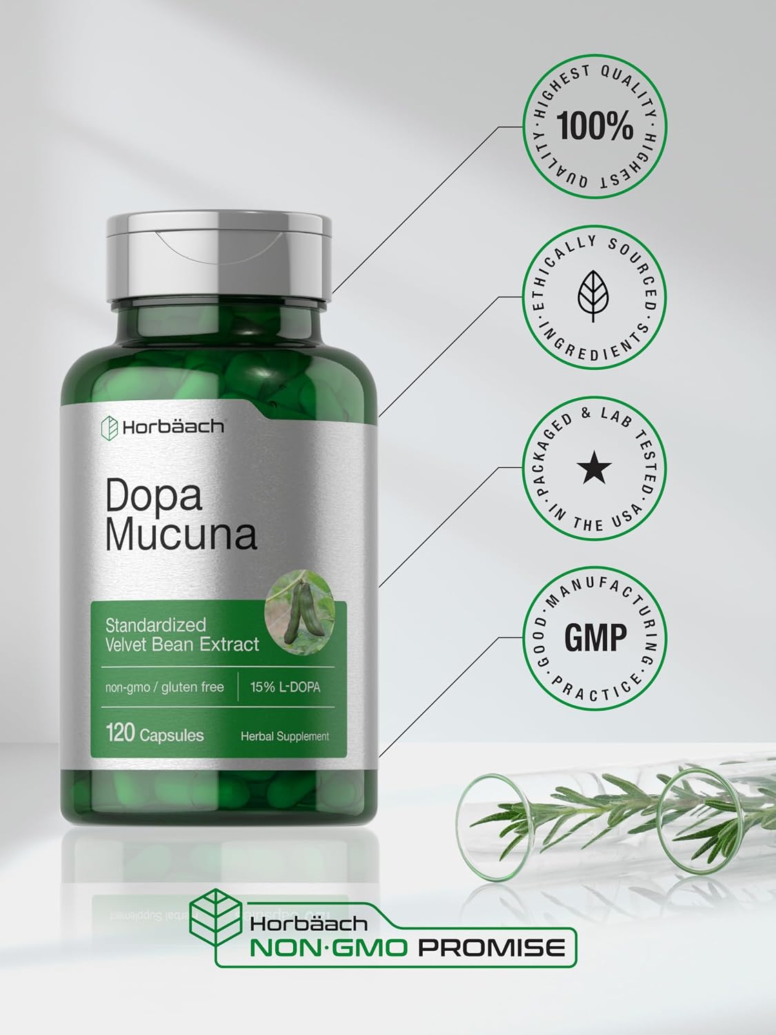 Horbäach Dopa Mucuna Supplement | 120 Capsules | Velvet Bean Herbal Extract | 15% L-Dopa | Non-GMO & Gluten-free - görsel 6