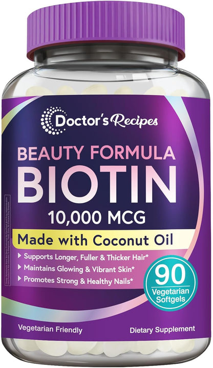 Doctor's Recipes Biotin 10,000 mcg for Hair, Skin and Nails with Coconut Oil - 90 Vegetarian Soft gel capsules