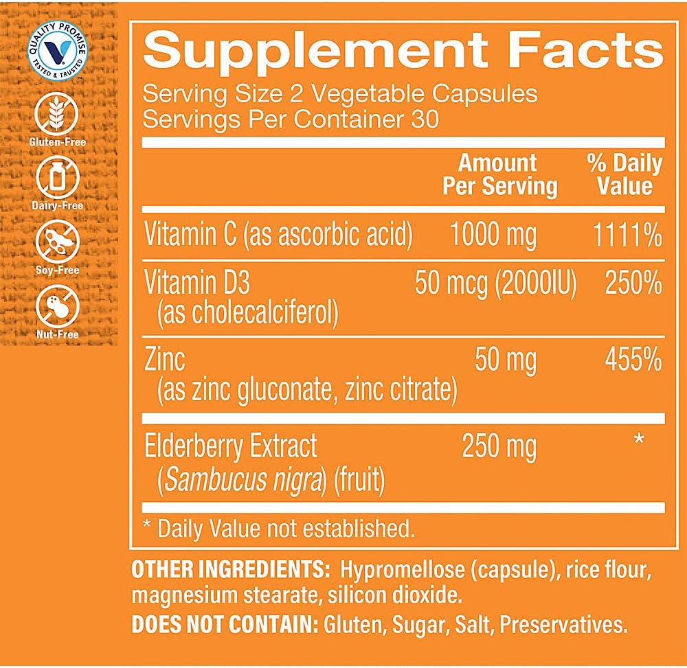 The Vitamin Shoppe Immune Essentials - Vitamin C, Vitamin D3, Zinc & Sambucus Elderberry Extract (60 Capsules) - görsel 2