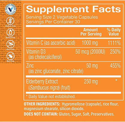 The Vitamin Shoppe Immune Essentials - Vitamin C, Vitamin D3, Zinc & Sambucus Elderberry Extract (60 Capsules)
