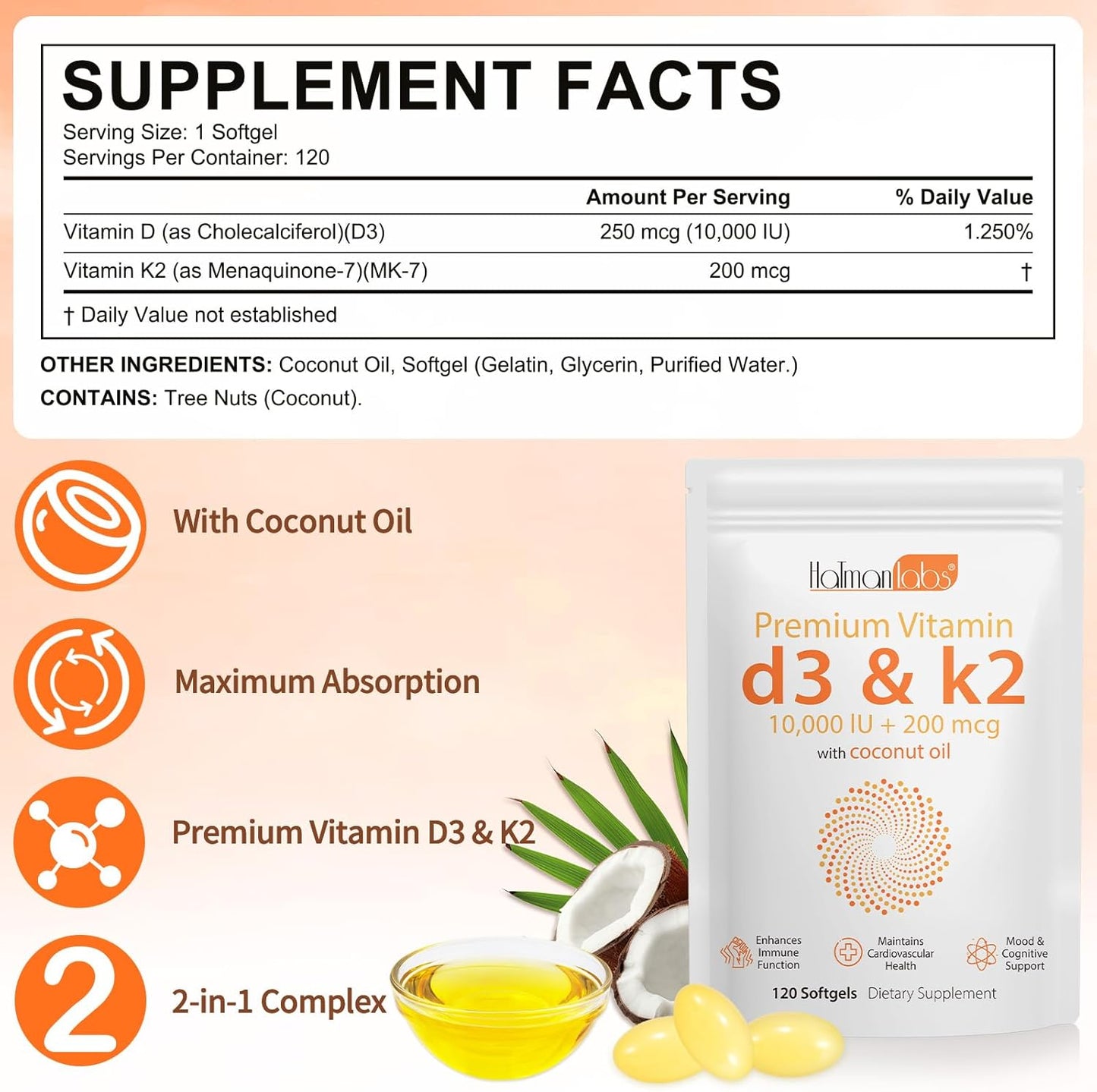 newseel Vitamin D3 K2 Capsules with Coconut Oil, 120 Soft gel capsules - görsel 6