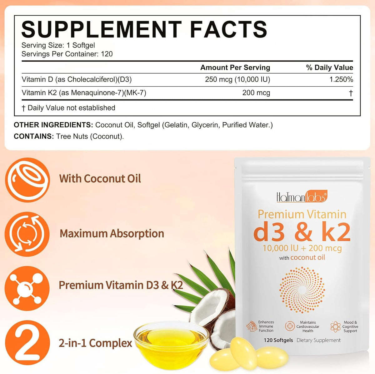 newseel Vitamin D3 K2 Capsules with Coconut Oil, 120 Soft gel capsules - görsel 6