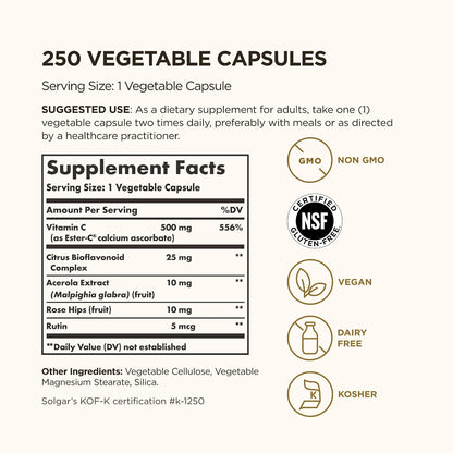 Solgar Ester-C Plus 500 mg Vitamin C (Ascorbate Complex), 250 Vegetable Capsules