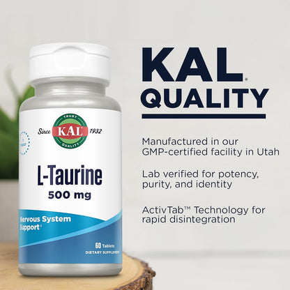 KAL L-Taurine 500mg – Amino Acid Supplement for Heart, Nerve & Eye Health – 60 Rapid Disintegration Tablets